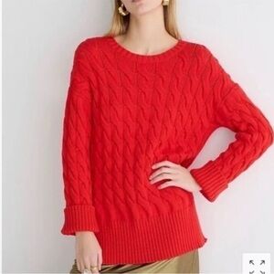 J Crew cable knit side slit crewneck sweater Cotton Red longer length Sz M-L